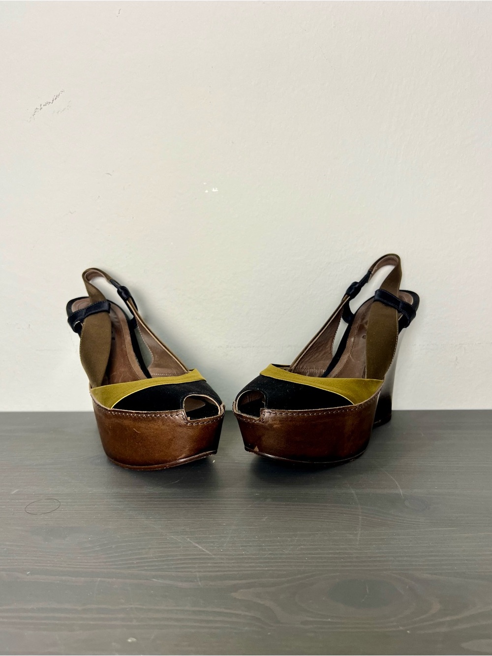 Marni Colorblock Platform Wedge Sandals Size 36 Black Yellow Peep Toe Heel - Picture 2 of 11